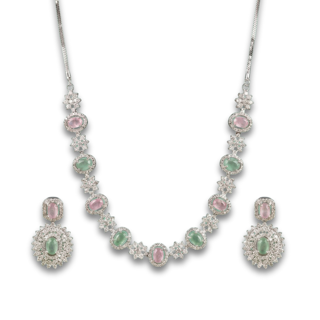 XZ55 – Pink & Green Stars Necklace & Ear Rings Set