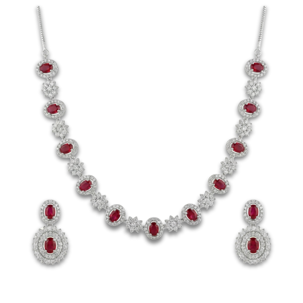 XZ54 – Red & Silver Necklace & Ear Rings Set